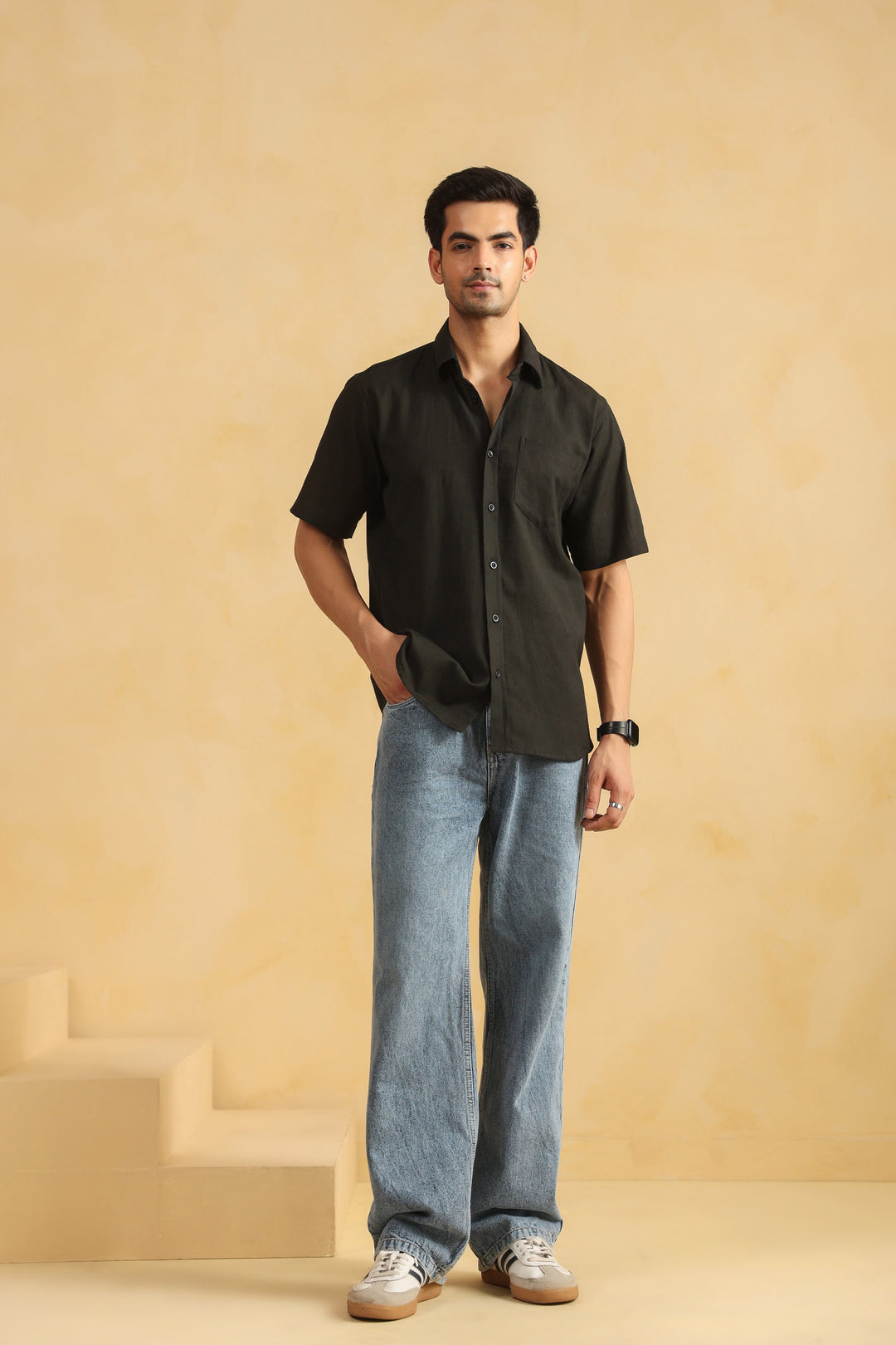 Black Linen Blend Half Sleeve Shirt