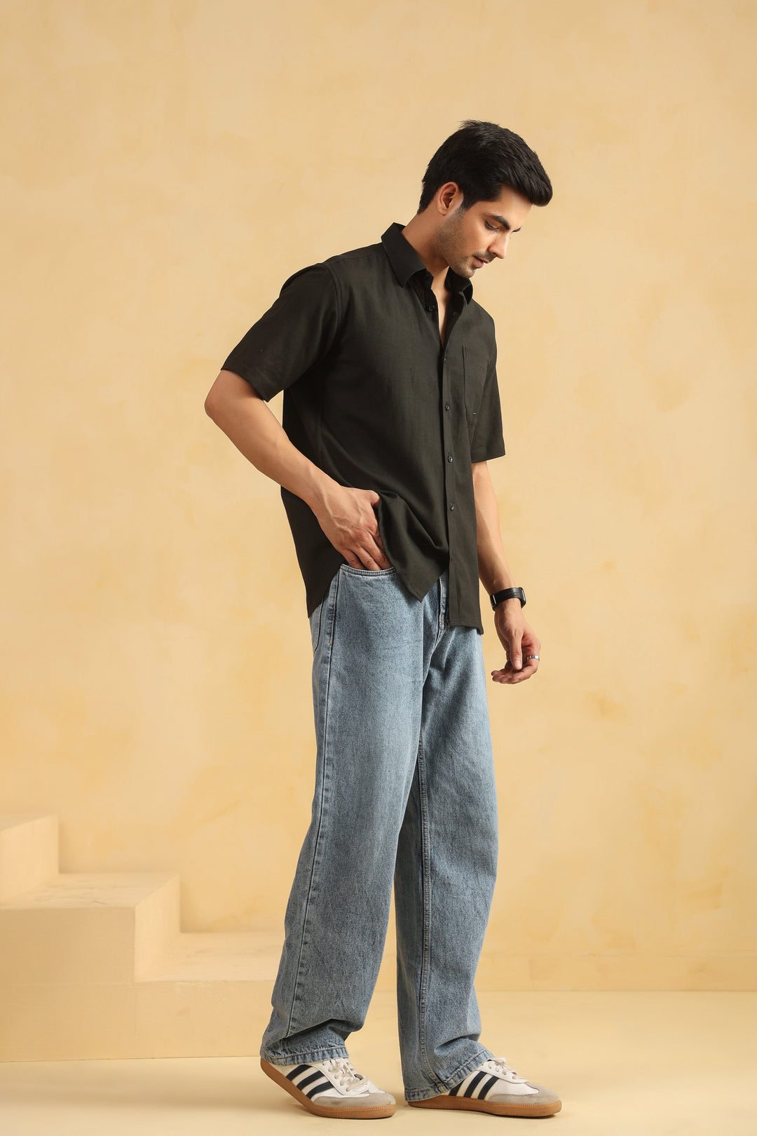 Black Linen Blend Half Sleeve Shirt