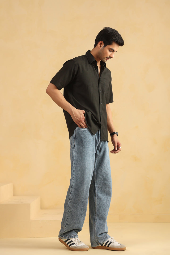 Black Linen Blend Half Sleeve Shirt