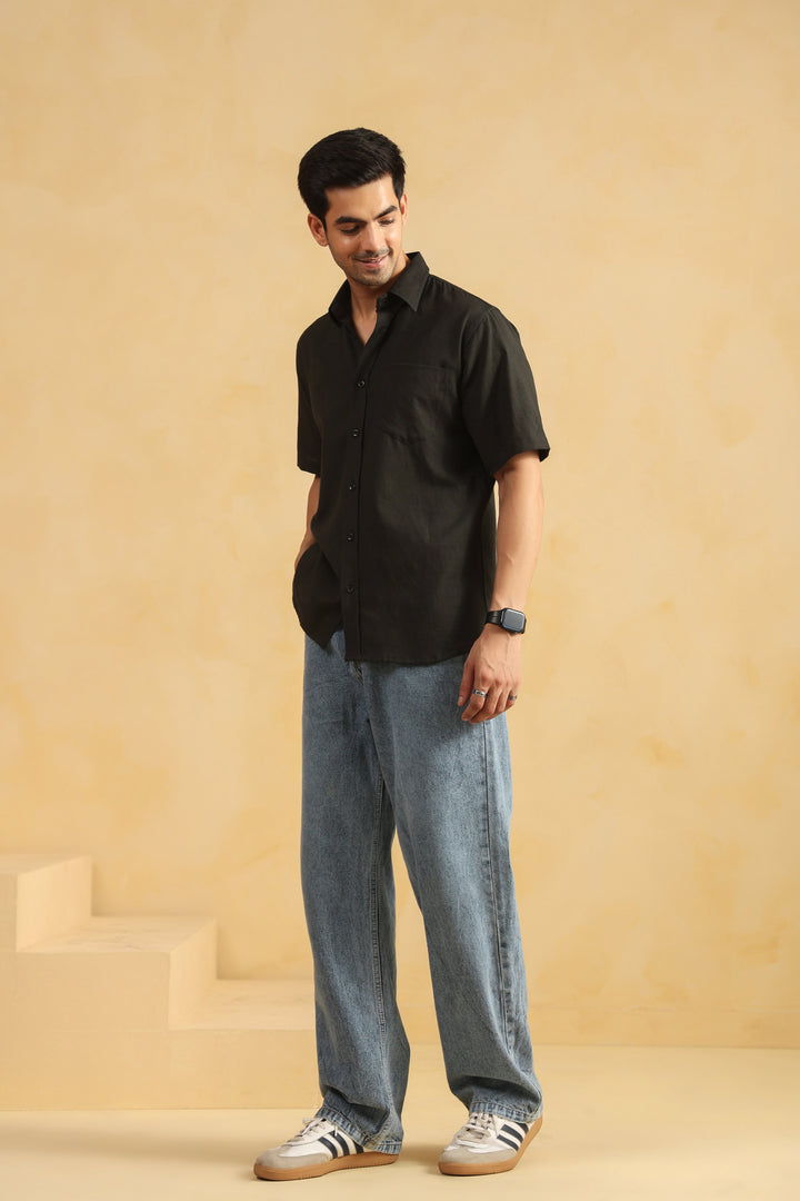 Black Linen Blend Half Sleeve Shirt