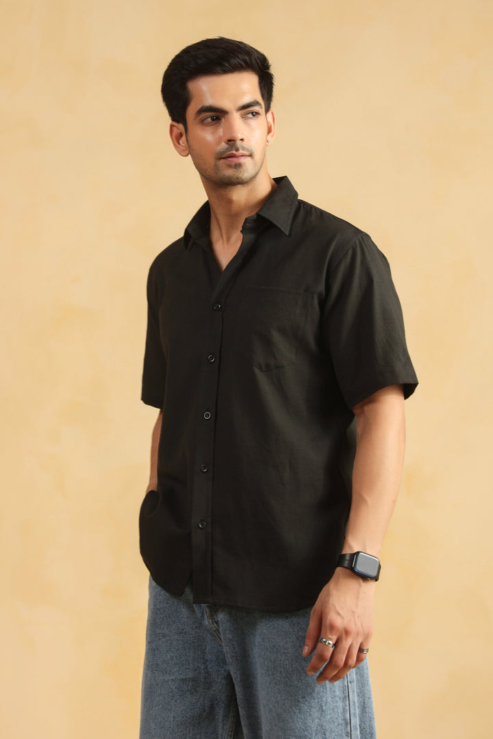 Black Linen Blend Half Sleeve Shirt