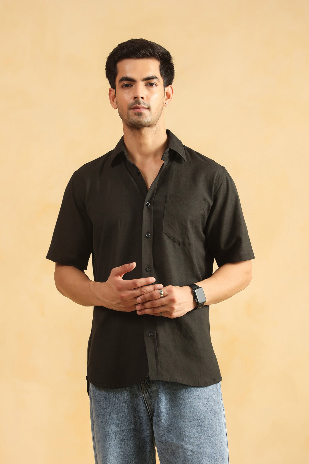 Black Linen Blend Half Sleeve Shirt