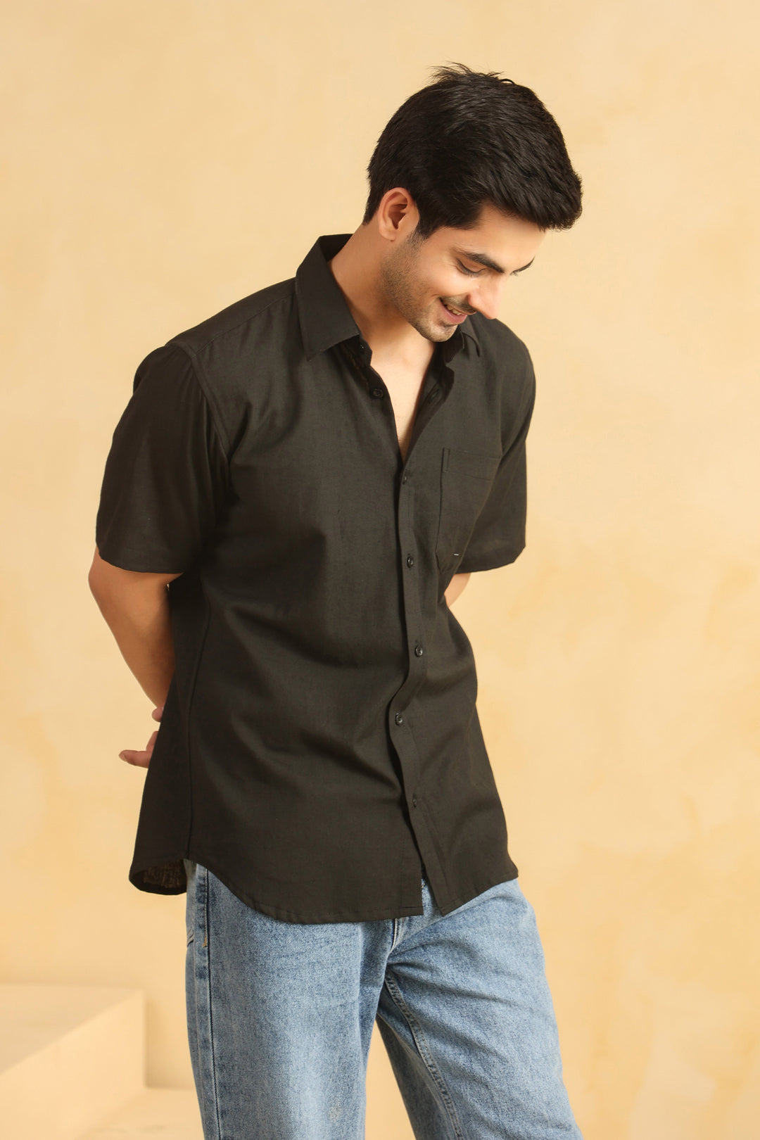 Black Linen Blend Half Sleeve Shirt