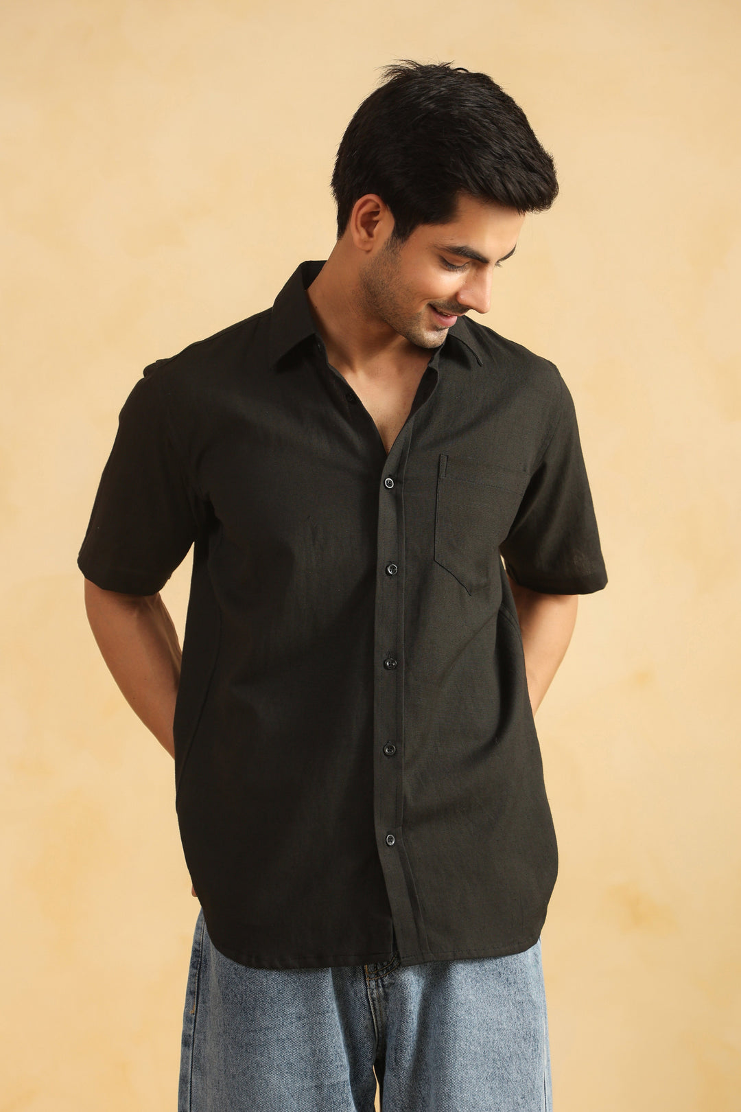 Black Linen Blend Half Sleeve Shirt