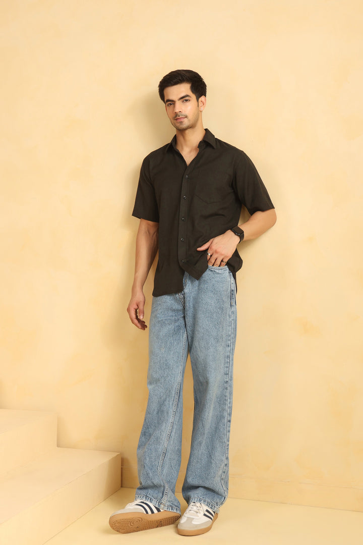 Black Linen Blend Half Sleeve Shirt