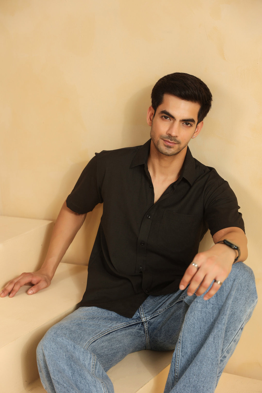 Black Linen Blend Half Sleeve Shirt