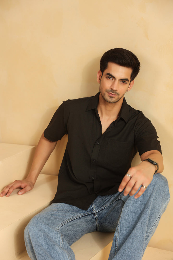Black Linen Blend Half Sleeve Shirt
