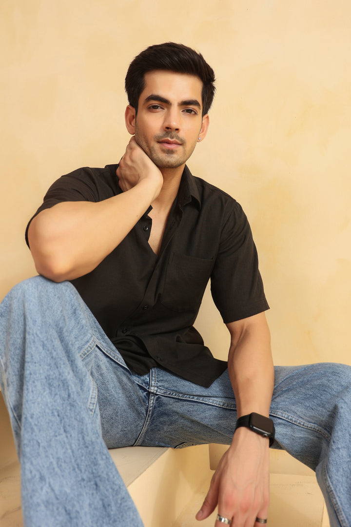 Black Linen Blend Half Sleeve Shirt