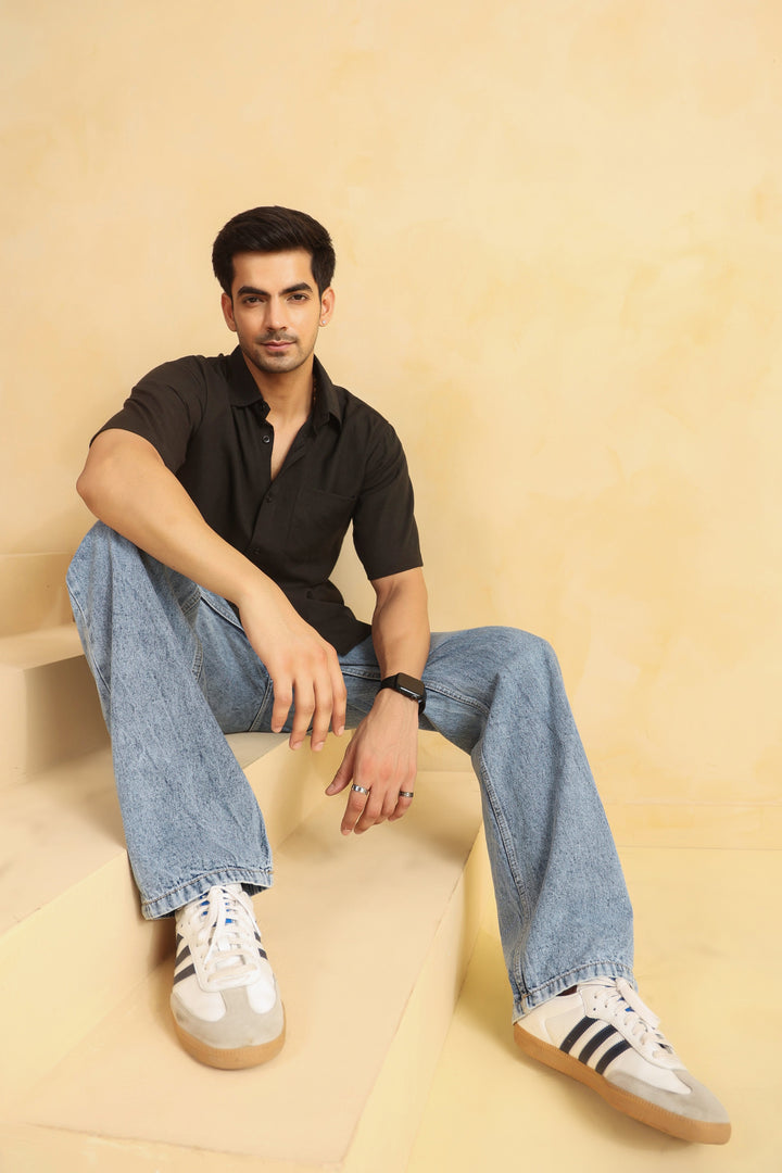 Black Linen Blend Half Sleeve Shirt