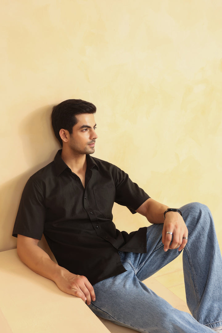 Black Linen Blend Half Sleeve Shirt