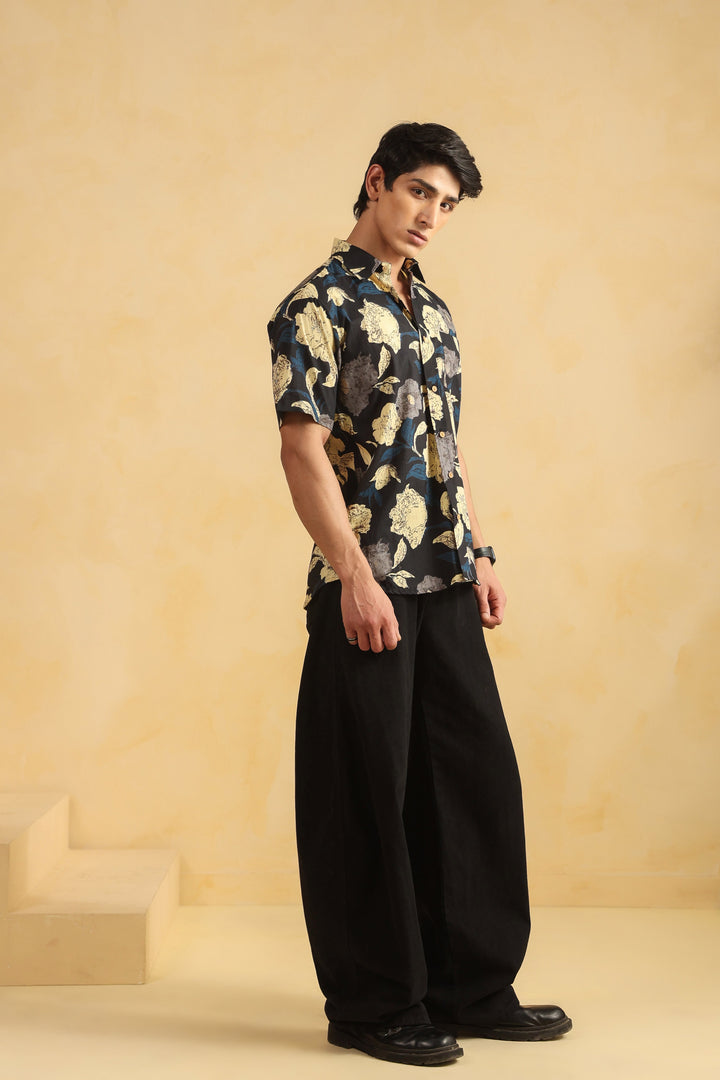 Black Cotton Half Sleeve Shirt