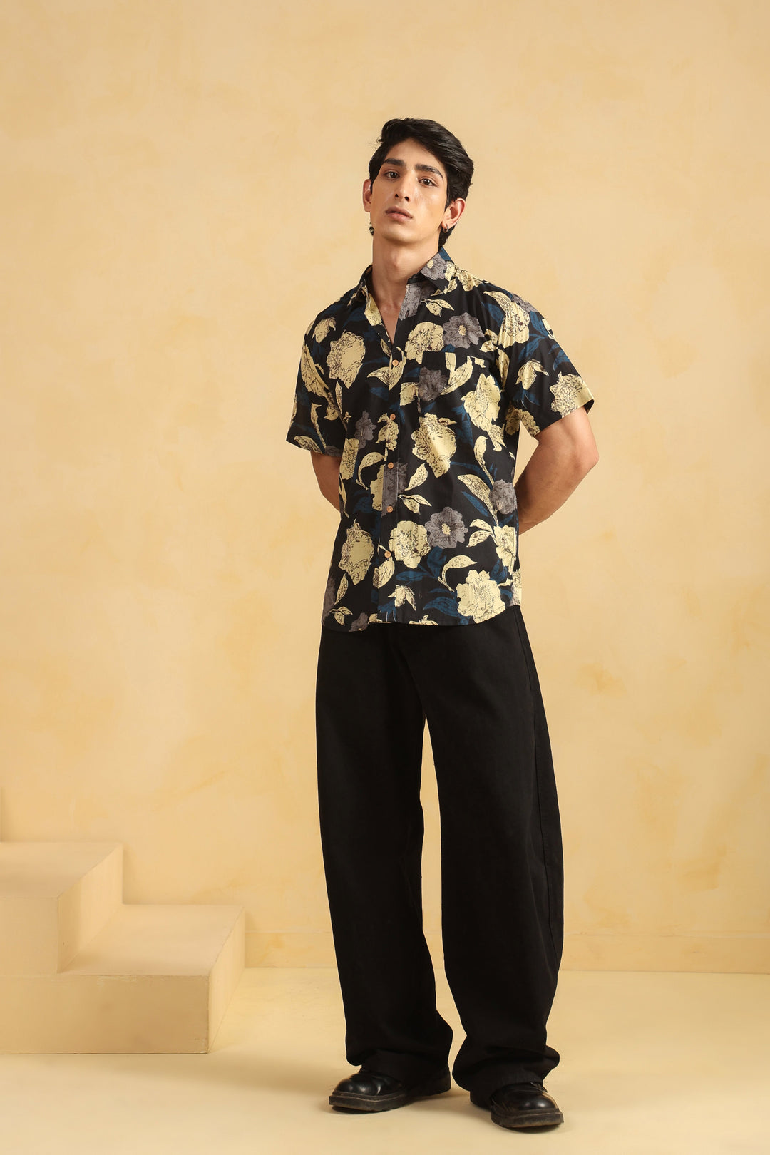 Black Cotton Half Sleeve Shirt