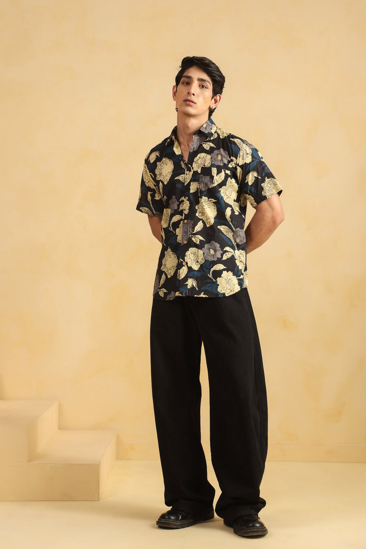 Black Cotton Half Sleeve Shirt