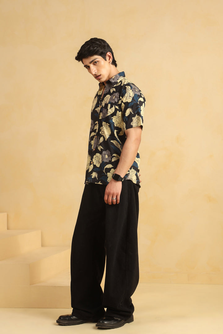 Black Cotton Half Sleeve Shirt