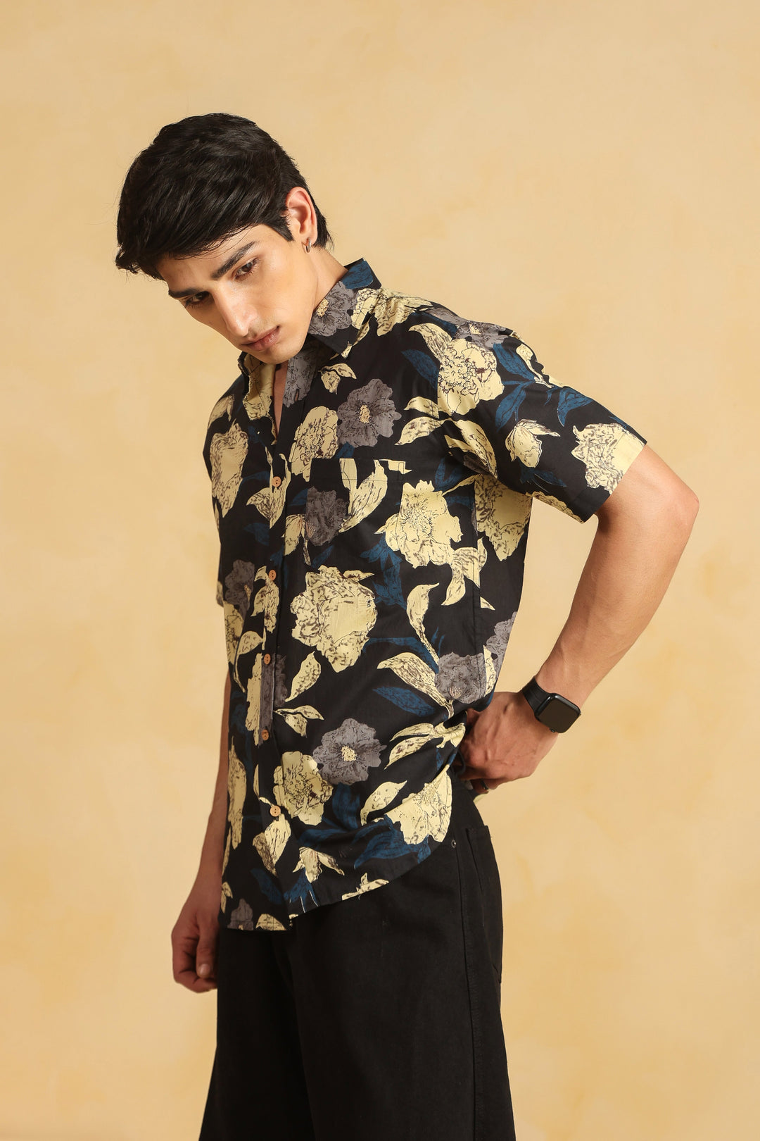 Black Cotton Half Sleeve Shirt