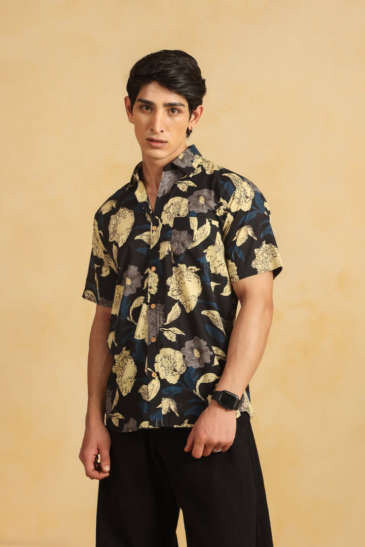 Black Cotton Half Sleeve Shirt
