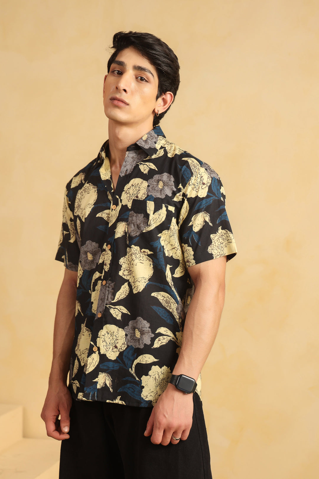 Black Cotton Half Sleeve Shirt