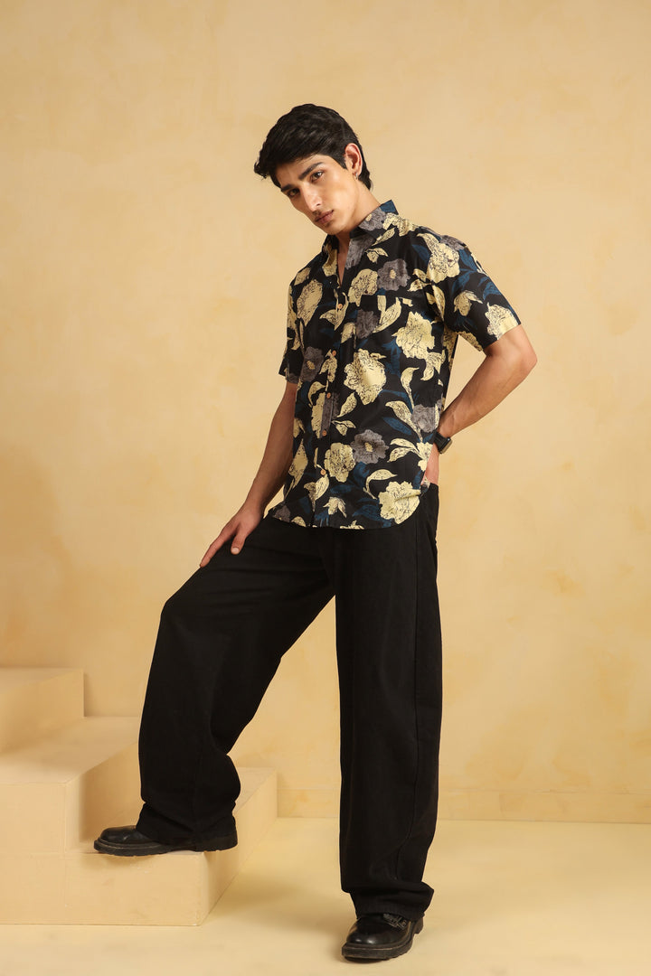 Black Cotton Half Sleeve Shirt