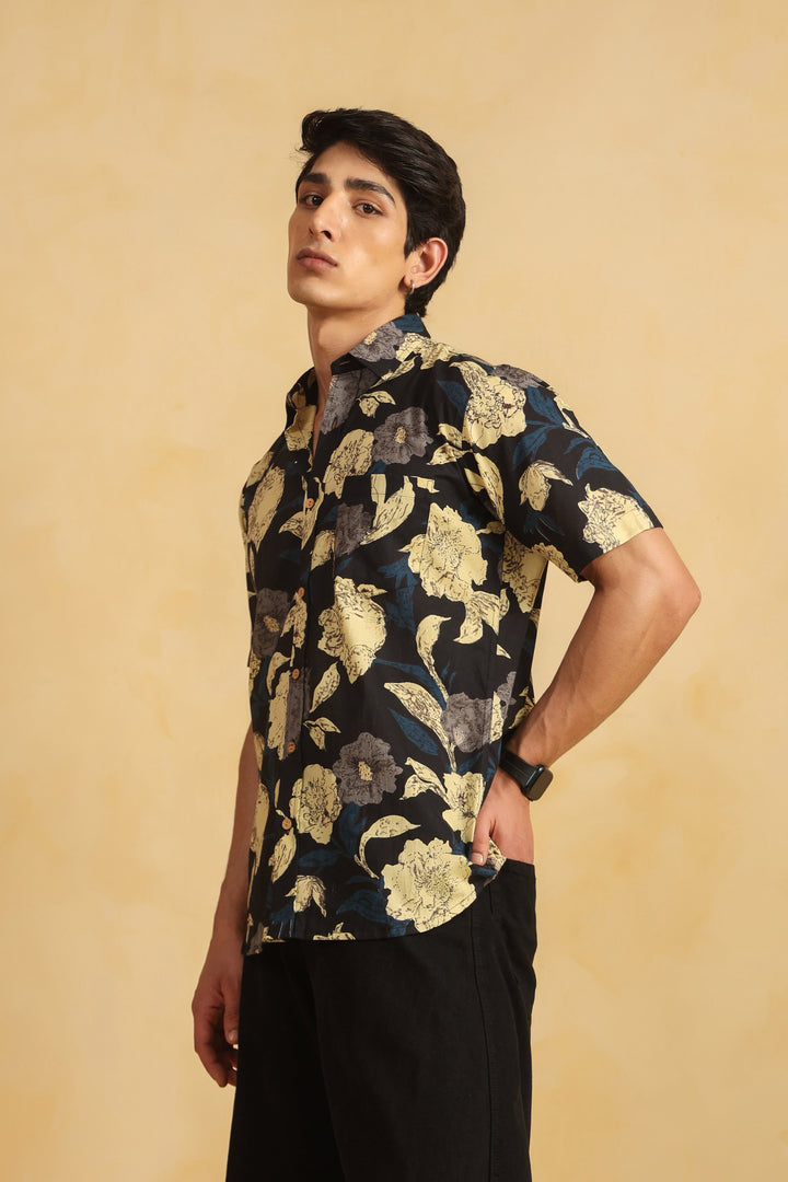 Black Cotton Half Sleeve Shirt