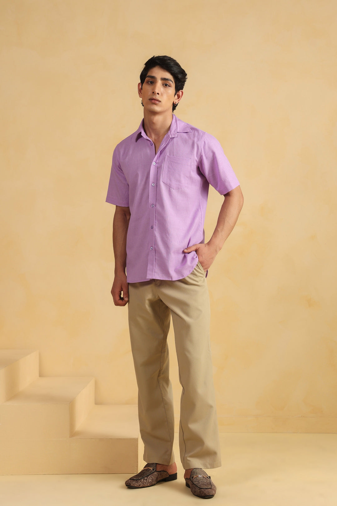 Purple Linen Blend Half Sleeve Shirt