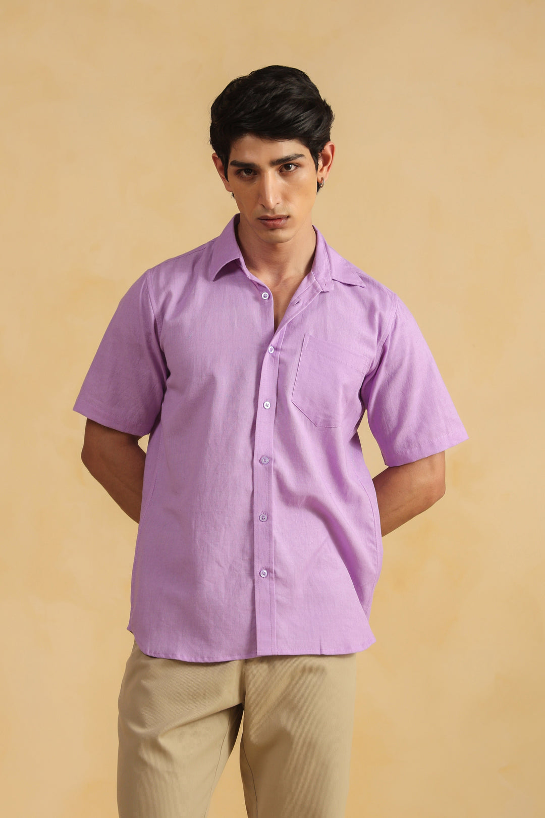 Purple Linen Blend Half Sleeve Shirt