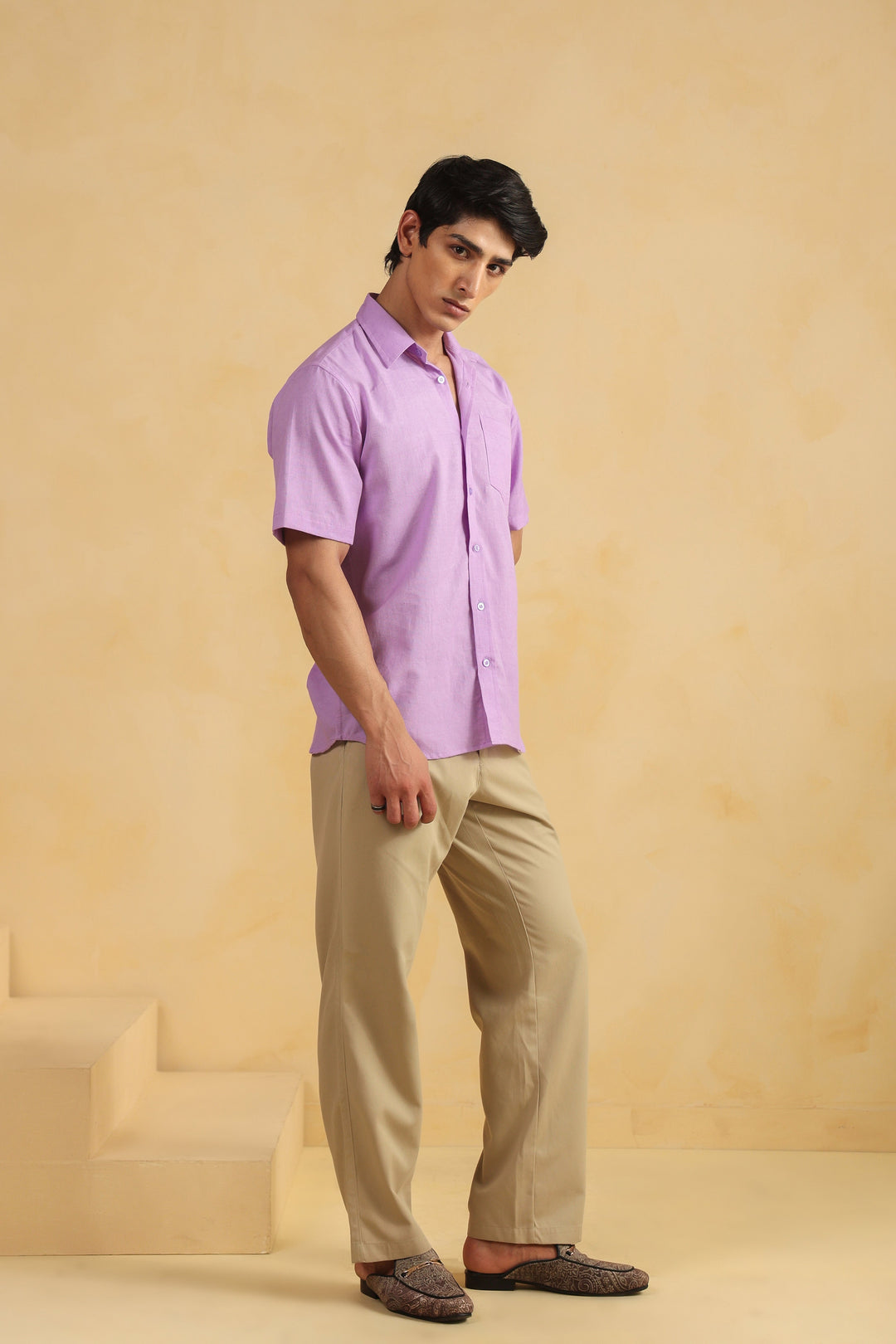 Purple Linen Blend Half Sleeve Shirt