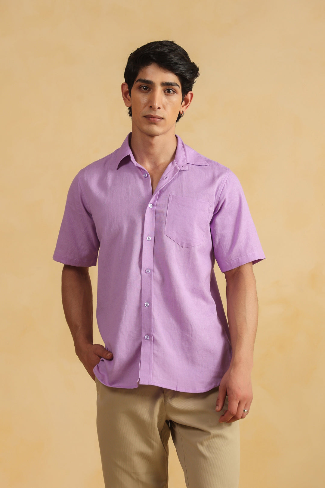 Purple Linen Blend Half Sleeve Shirt
