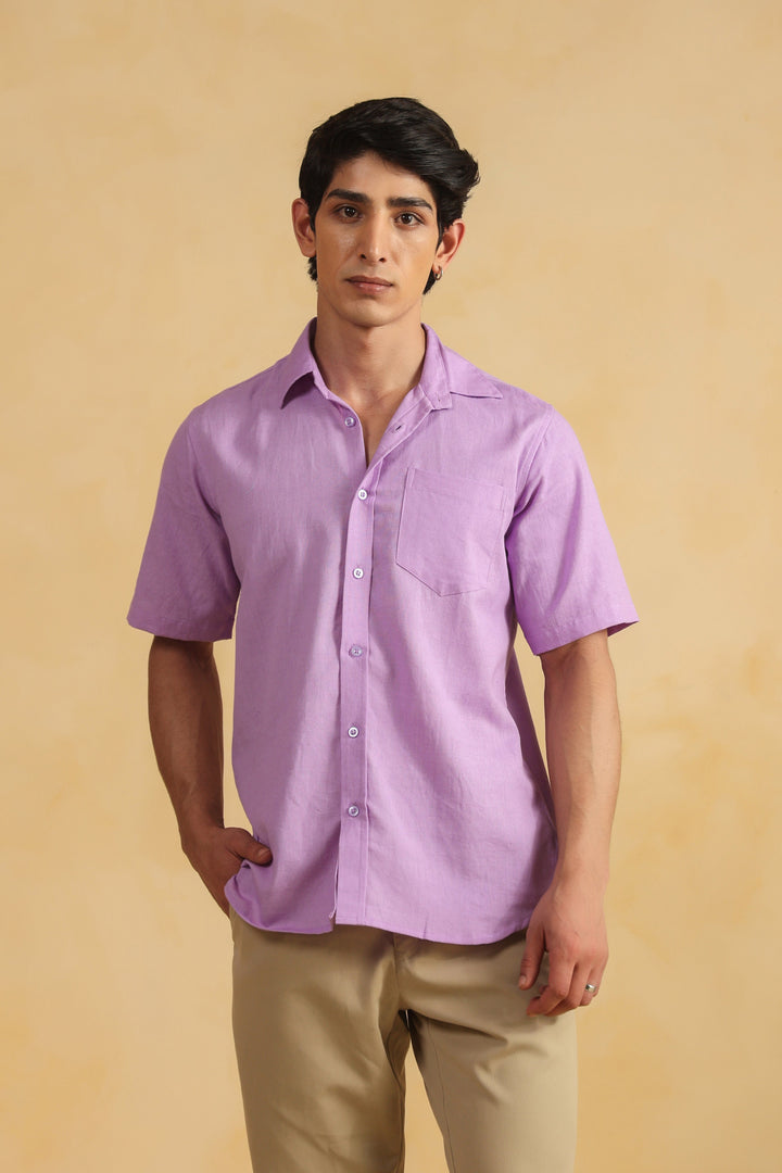 Purple Linen Blend Half Sleeve Shirt