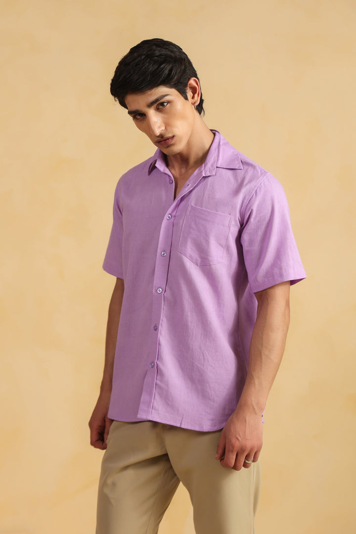 Purple Linen Blend Half Sleeve Shirt