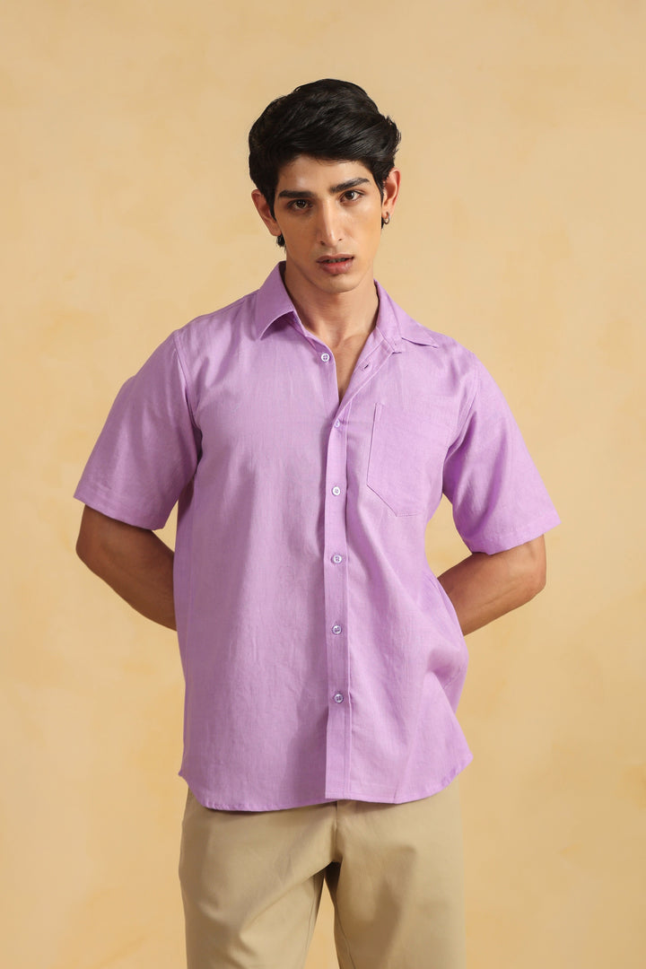 Purple Linen Blend Half Sleeve Shirt