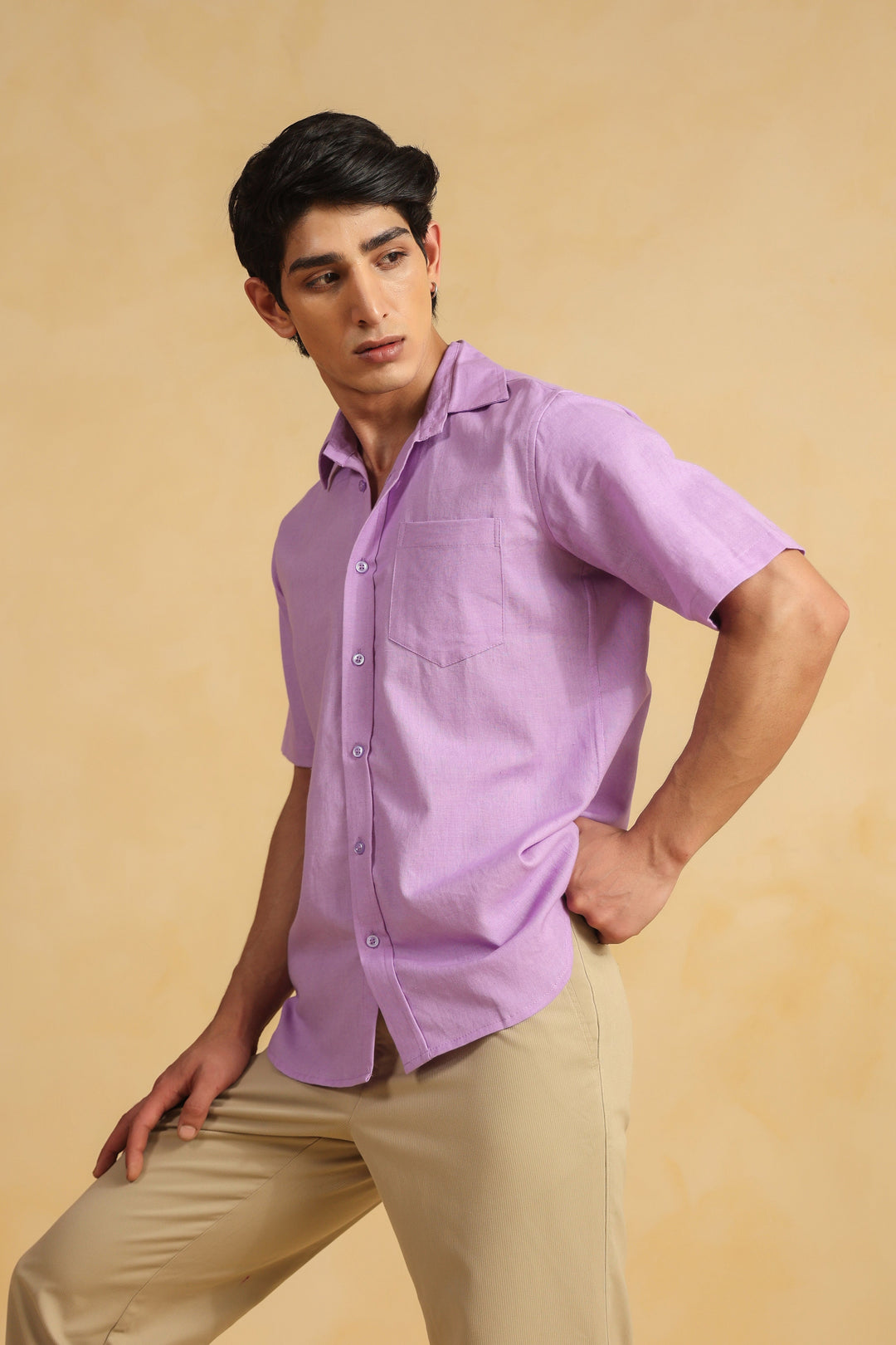 Purple Linen Blend Half Sleeve Shirt