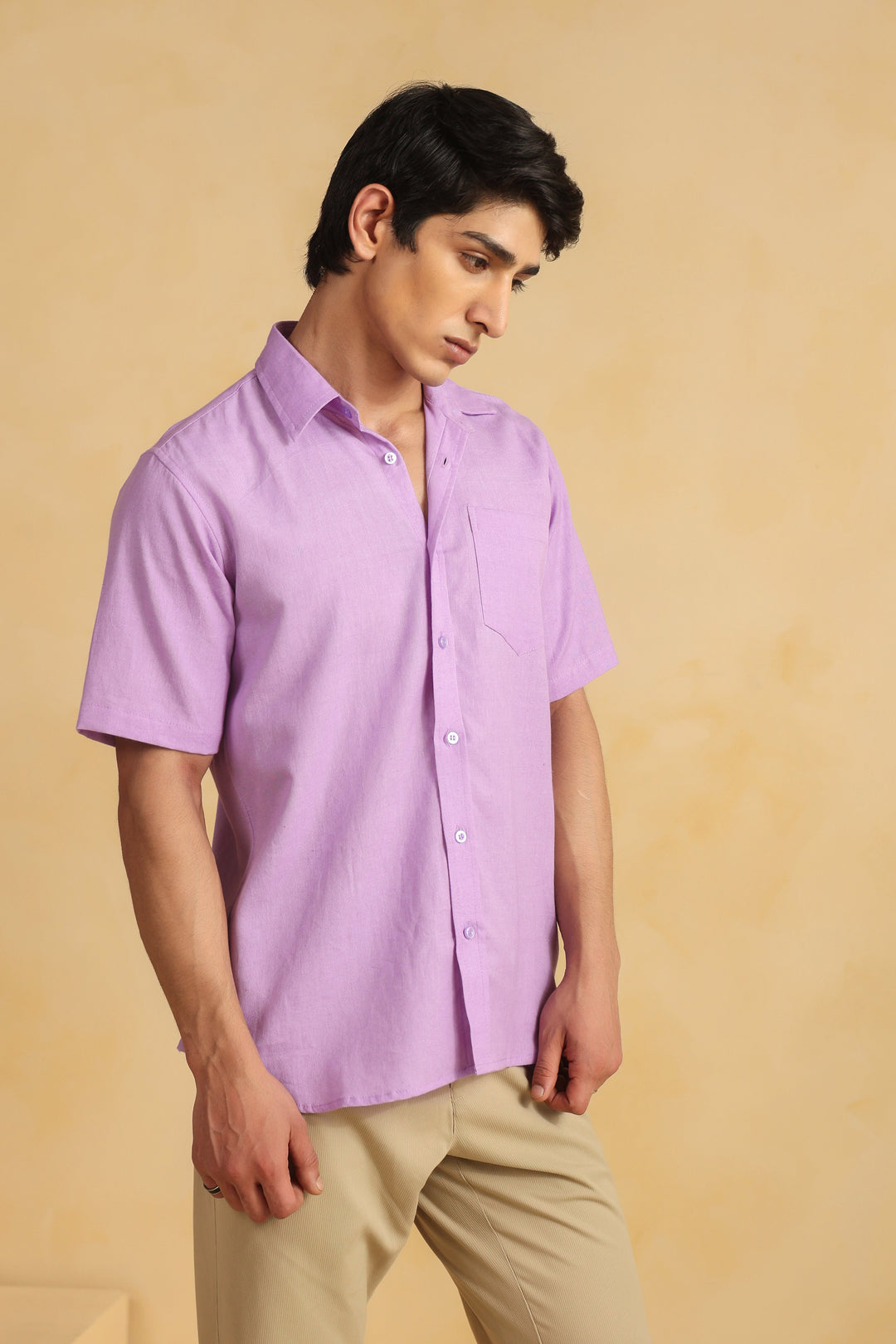 Purple Linen Blend Half Sleeve Shirt