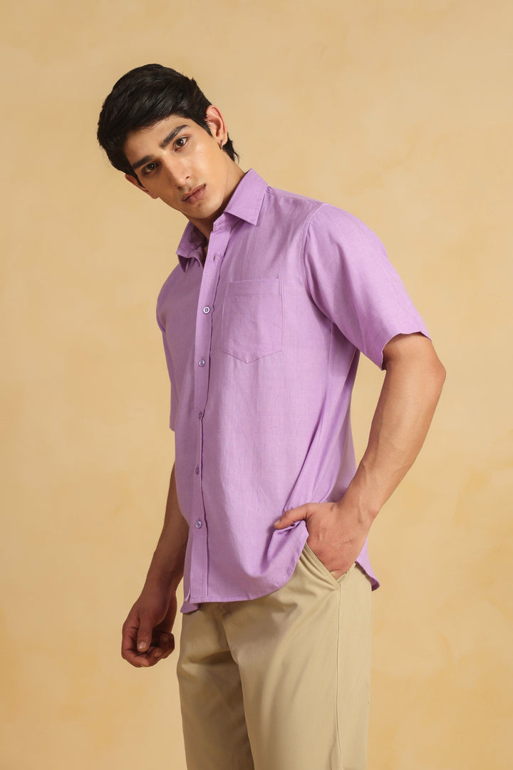 Purple Linen Blend Half Sleeve Shirt