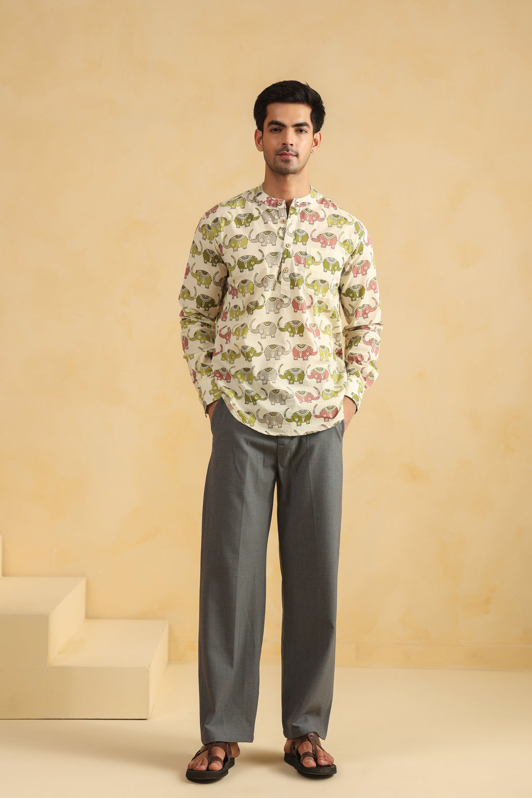 Cream Elephant Cotton Shirt Kurta