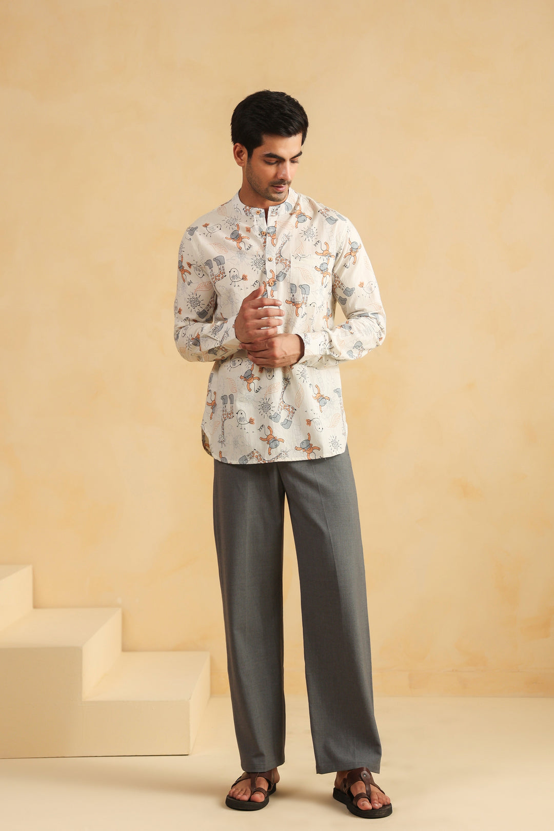 White Monkey Cotton Shirt Kurta