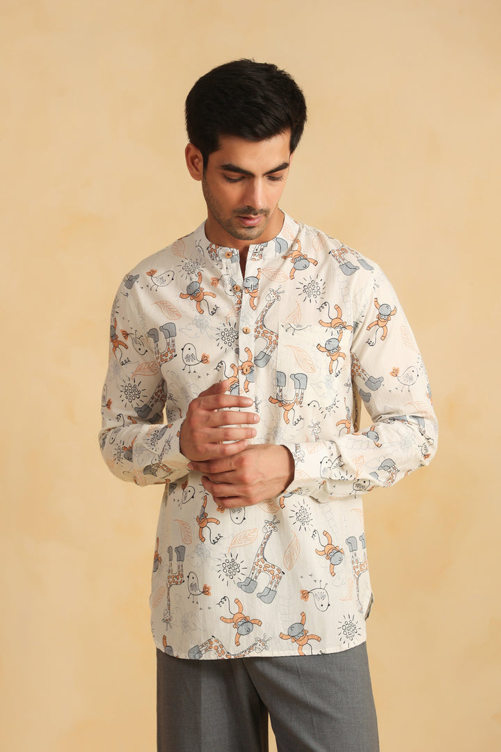 White Monkey Cotton Shirt Kurta