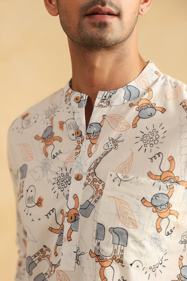 White Monkey Cotton Shirt Kurta