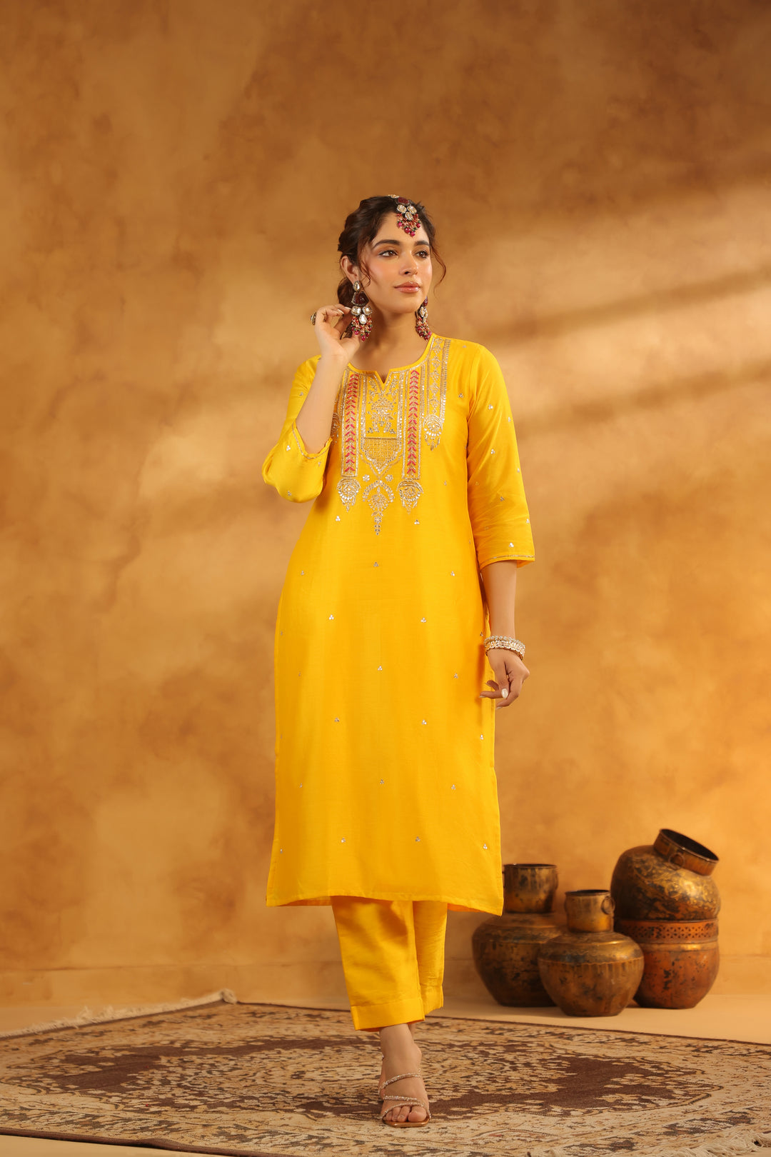 Tahira Yellow chanderi suit set