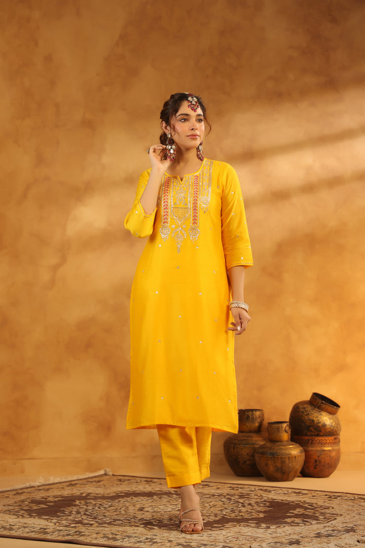 Tahira Yellow chanderi suit set