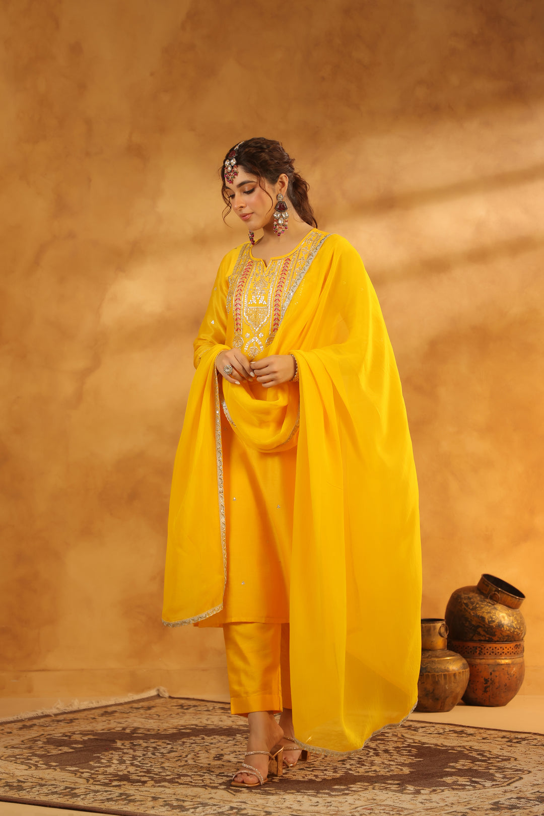 Tahira Yellow chanderi suit set