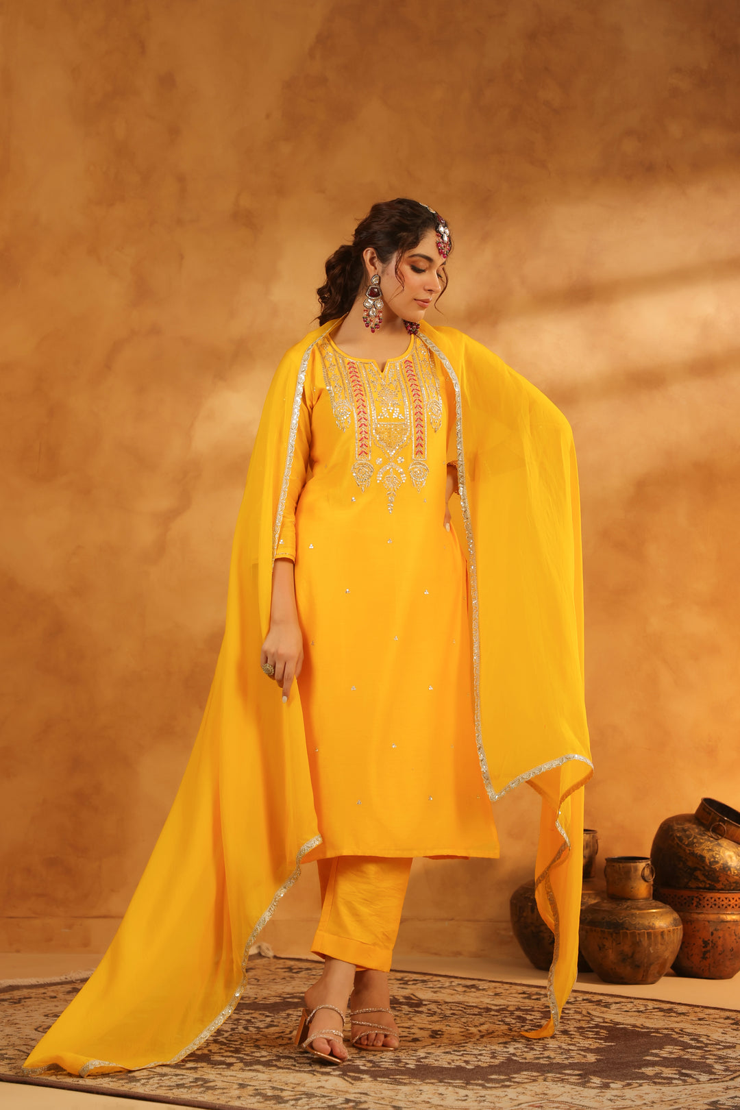 Tahira Yellow chanderi suit set
