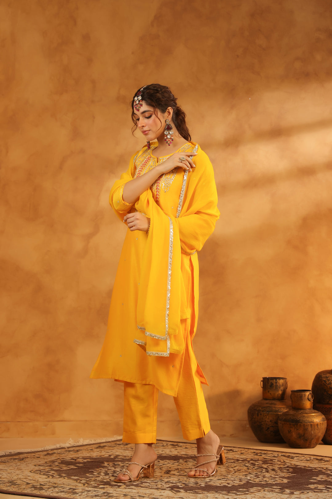 Tahira Yellow chanderi suit set