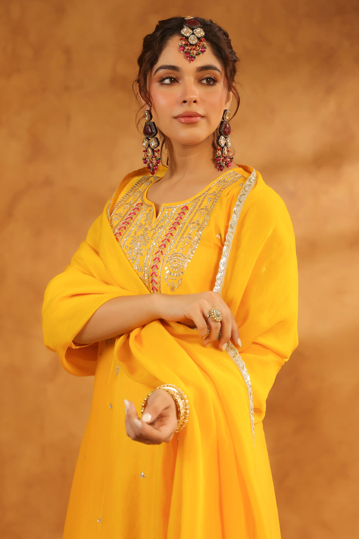 Tahira Yellow chanderi suit set