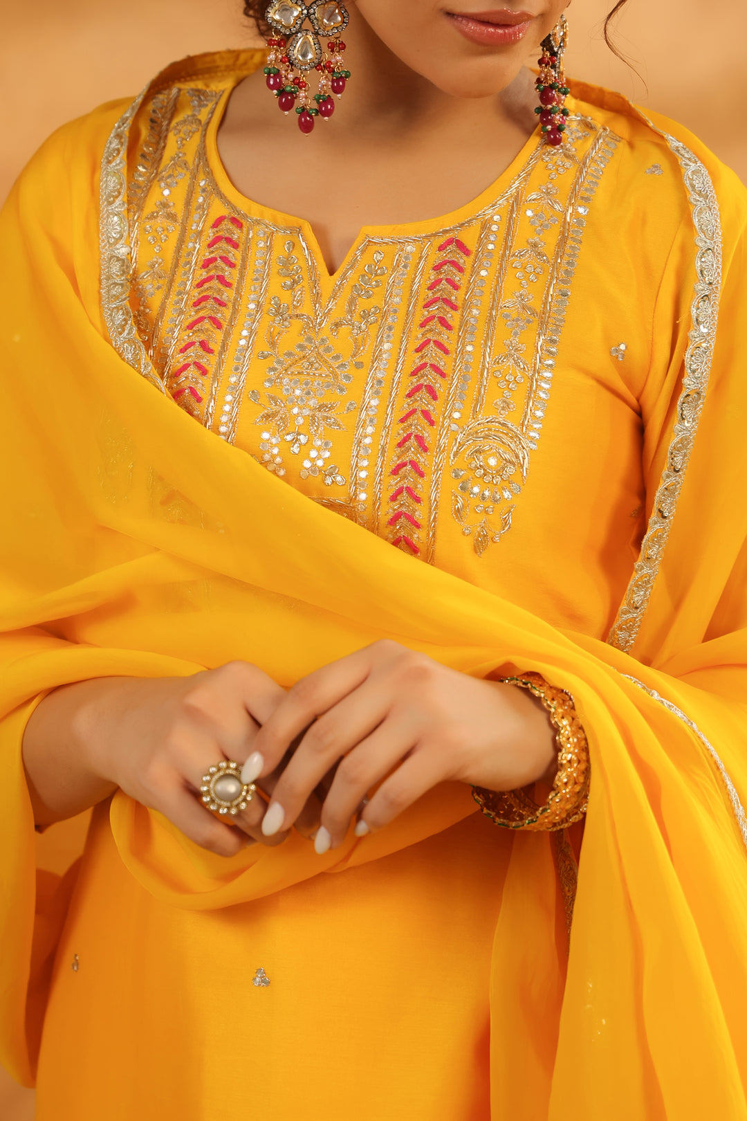 Tahira Yellow chanderi suit set