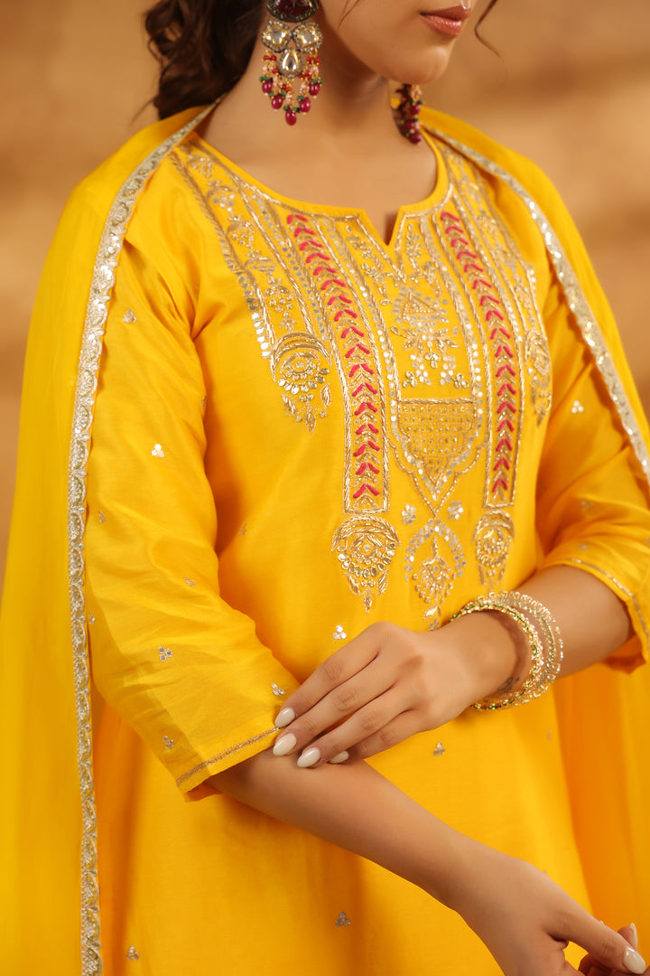 Tahira Yellow chanderi suit set