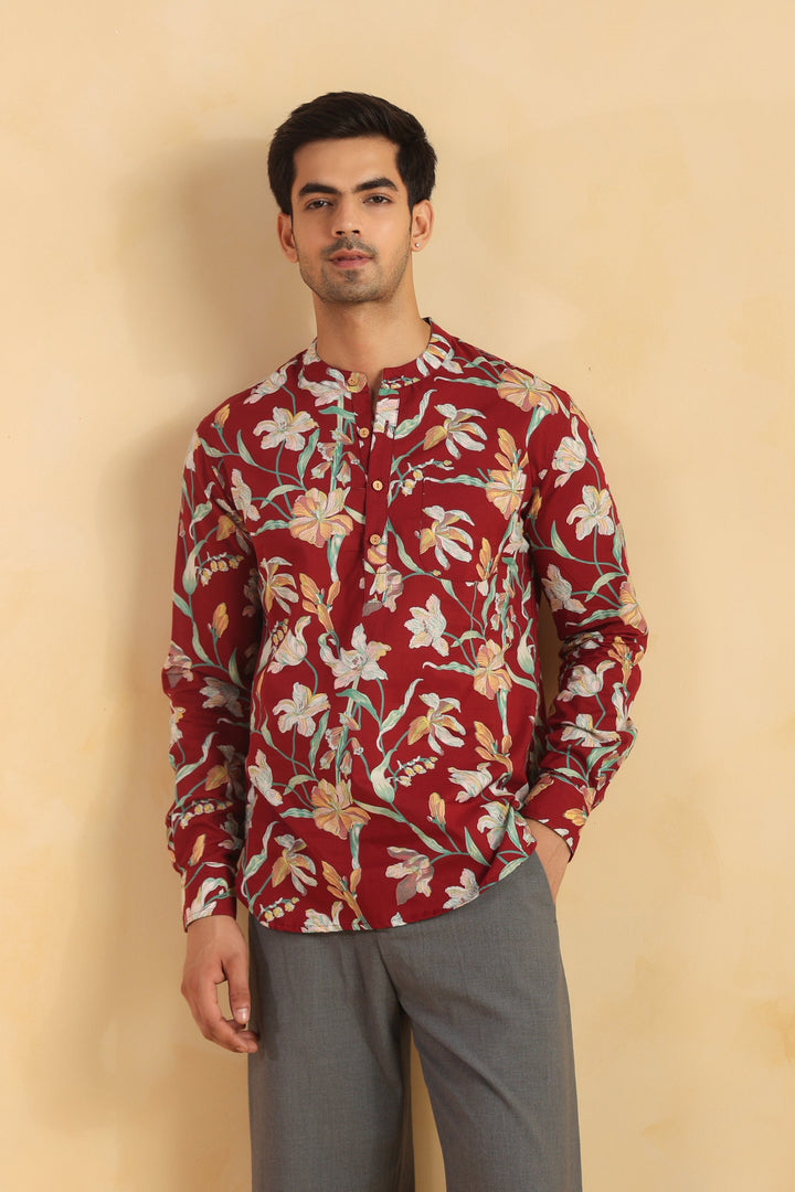 Red Floral Cotton Shirt Kurta