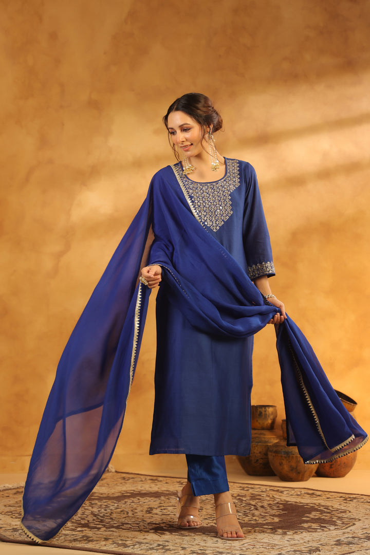 Purna blue chanderi suit set