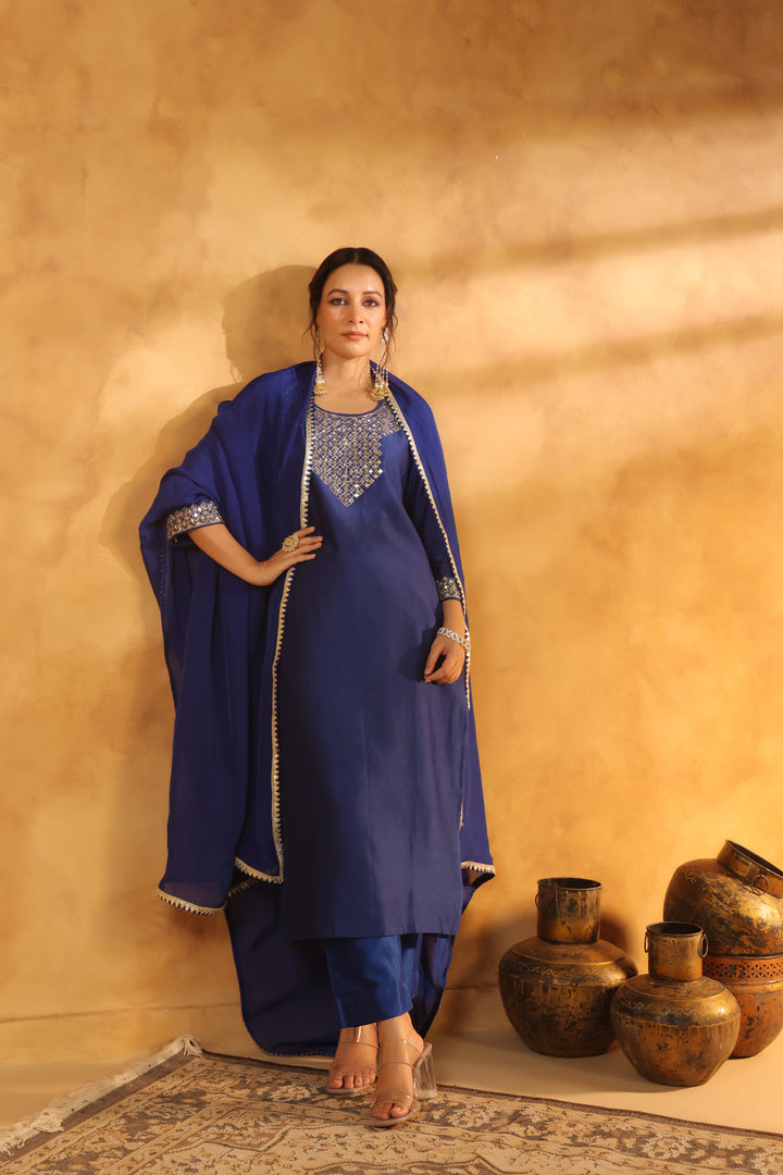 Purna blue chanderi suit set
