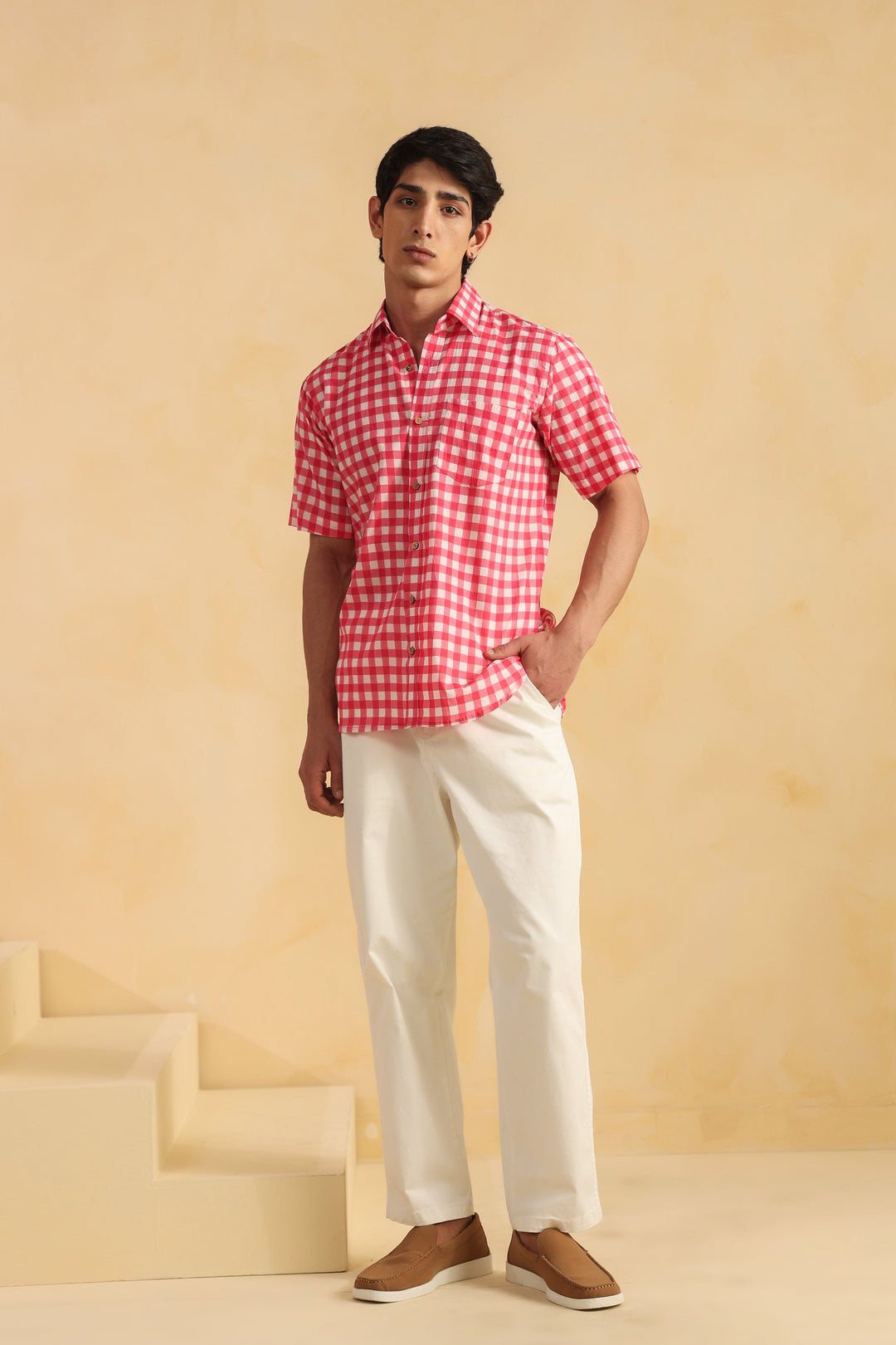 Pink Checks Half Sleeve Cotton Shirt