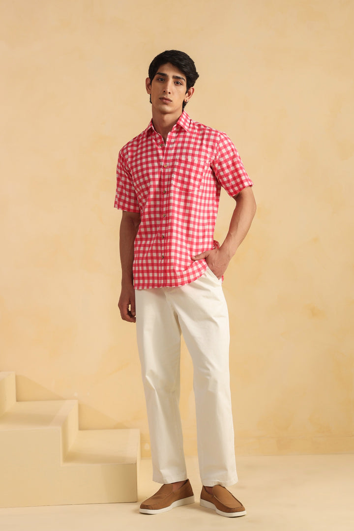 Pink Checks Half Sleeve Cotton Shirt